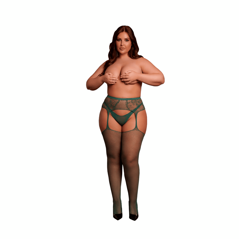 Le Desir - Grøn Fishnet and Lace Garterbelt Stockings - Queen Si